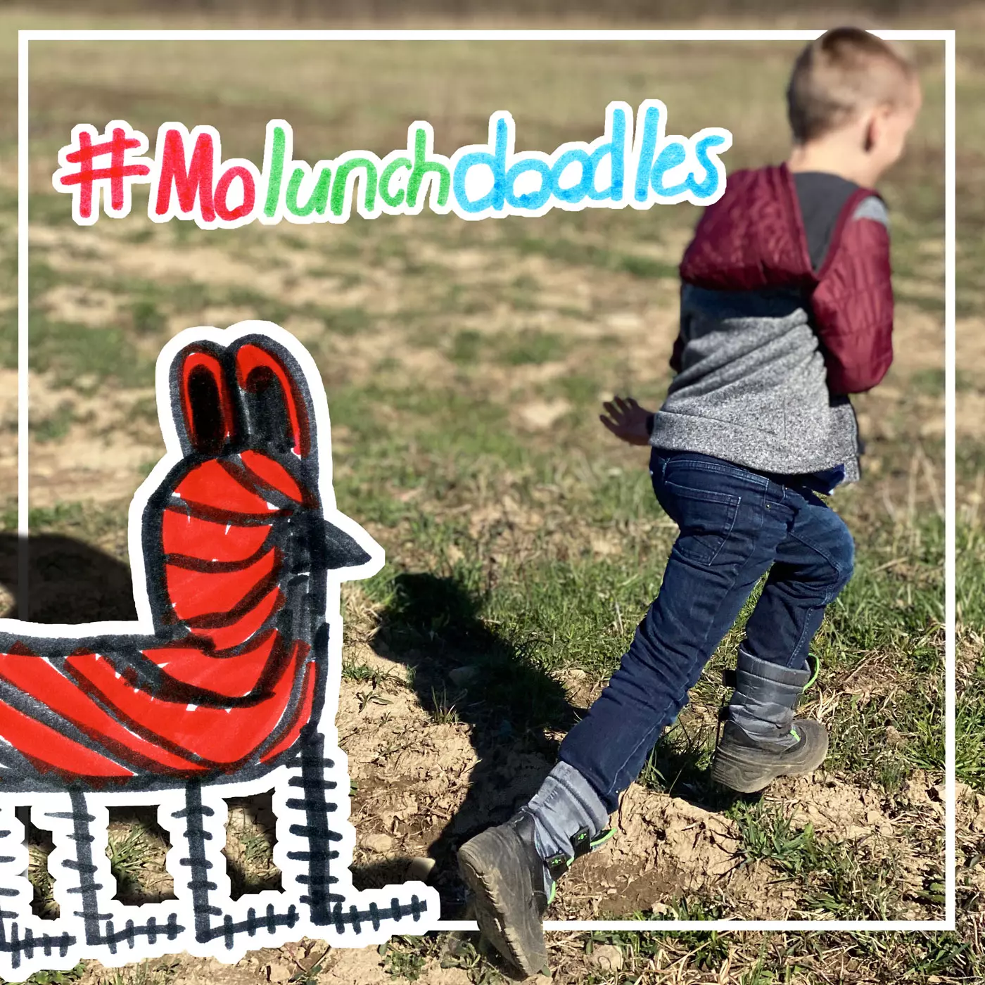 Boy being chased by a Mo Willems #molunchdoodle giant bug.