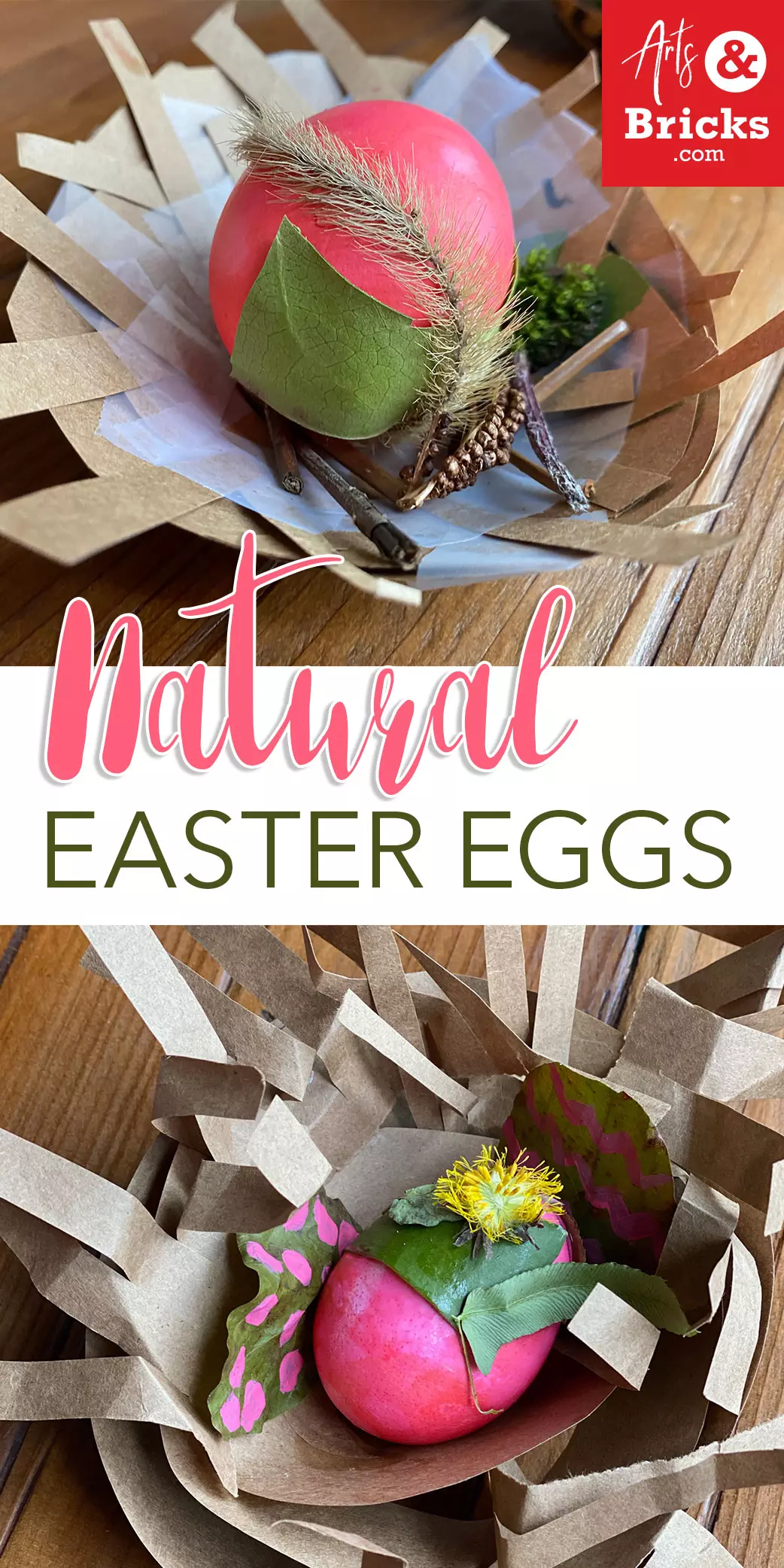 Learn how to make blown-out decorated, dyed easter eggs with glued found forest materials in paper bag nests. Instructions and tips!