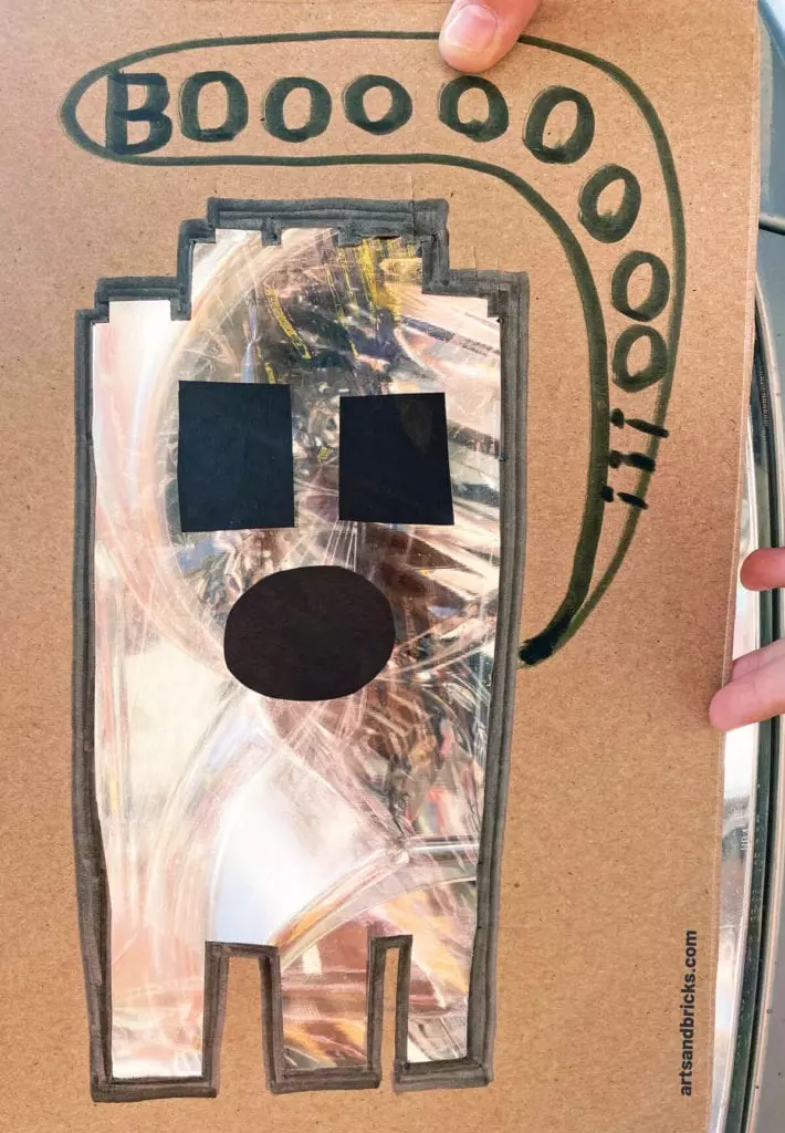 Explore your surroundings -- like car headlights -- with this Ghost Peek-A-Boo Cardboard Craft! Use cardboard (we used a cereal box panel) to create a ghost. Ours is a LEGO brick ghost!!! Add plastic wrap over the body and tape on a spooky face. Don't forget to add a BOO! Next is the fun part, start framing textures and colors - both indoors and outdoors. Don't forget to take pictures! Have fun!#lego #craft #google #cardboard #forkids #easy #recycled #naturecrafts