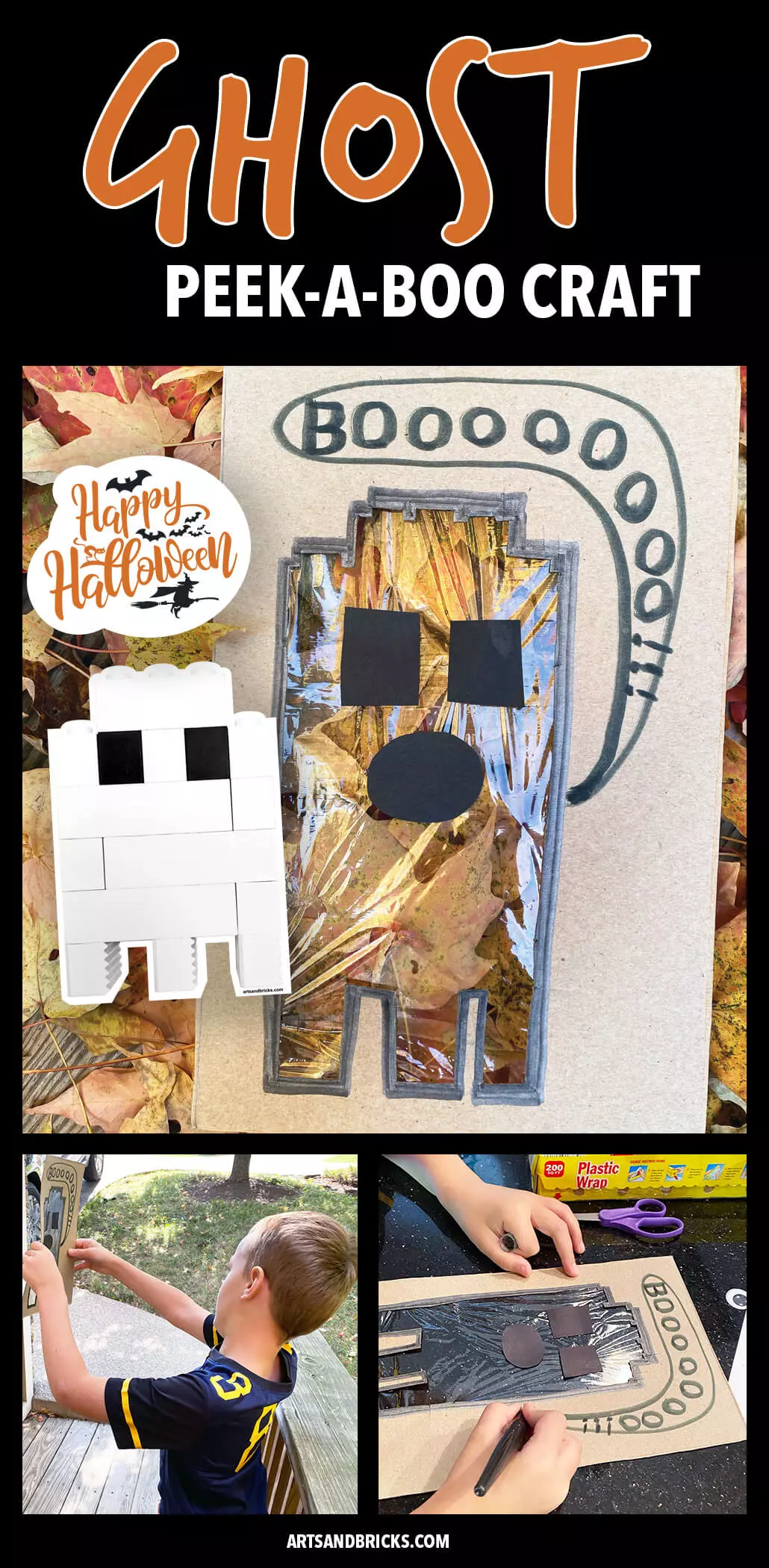 Our Ghost Peek-A-Boo Cardboard Craft was especially created for a LEGO lovin' eight-year-old. We recycled our cereal boxes for the cardboard and used construction paper and plastic wrap. Our ghost is a Lego brick ghost! This craft encourages kids to explore nature and the vast amount of colors and textures that surround them. Bonus for older kids: it starts to teach how to frame a composition.#ghost #craft #forkids #autumn #halloween #lego 