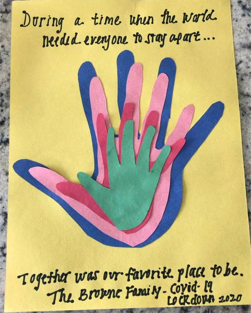 Example of Lockdown 2020 family handprint art made with colorful construction paper. Get more inspiration, too! #handprints #lockdown #family #covidart #keepsake