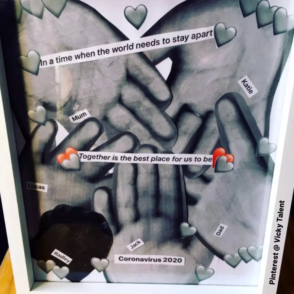 In a time when the world needs to stay apart, Together is the best place for us to be. Coronavirus 2020. Artistic framed family handprint artwork using photocopies and collage. By Vicky Talent.