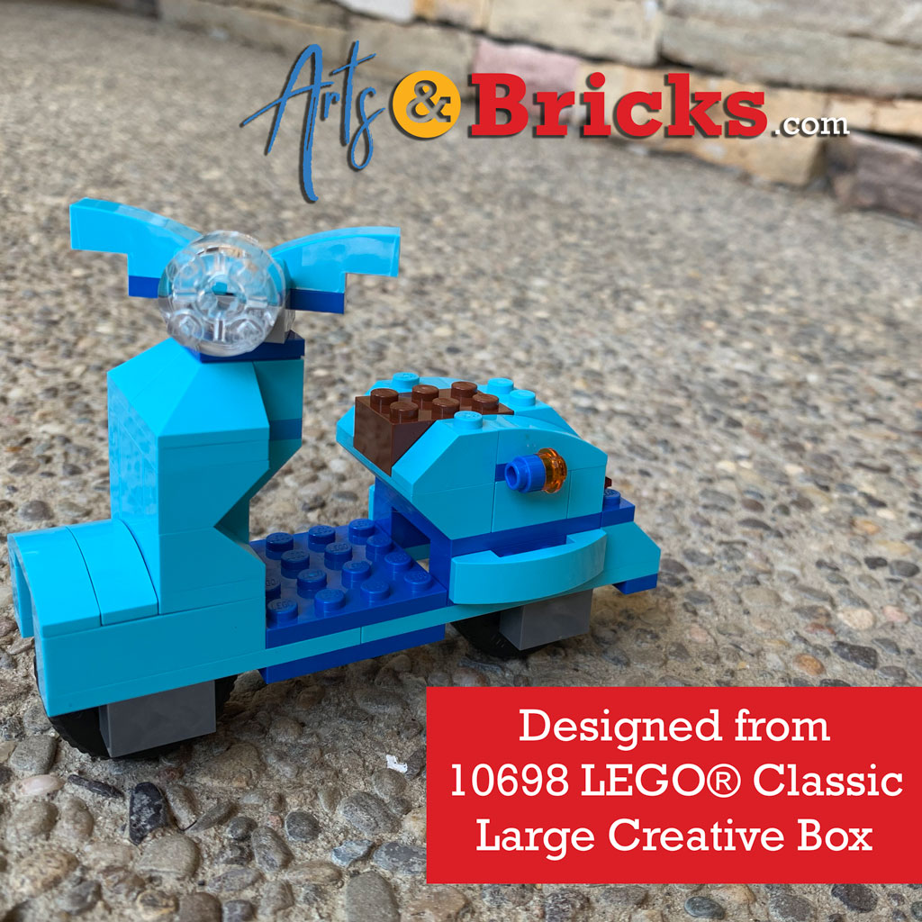 Learn to make your own blue moped or blue vespa with the bricks found in 10698 LEGO Classic Large Creative Box. It's so cute - especially for new fans of Luca (the sea monster Disney movie)!