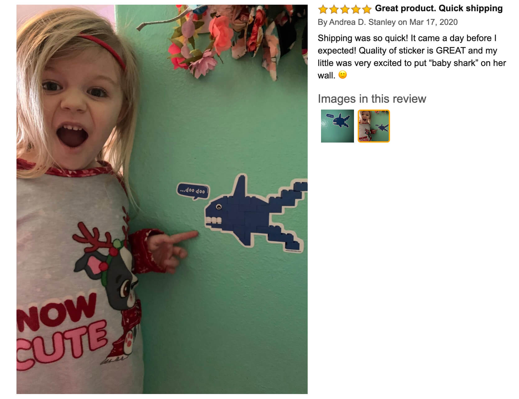 Arts and Bricks's Brick-Built Shark Wall Sticker review on Amazon: "Quality of sticker is GREAT and my little was very excited to put "baby shark" on her wall!" #legoroom #legodecor #babyshark #legoshark #artsandbricks