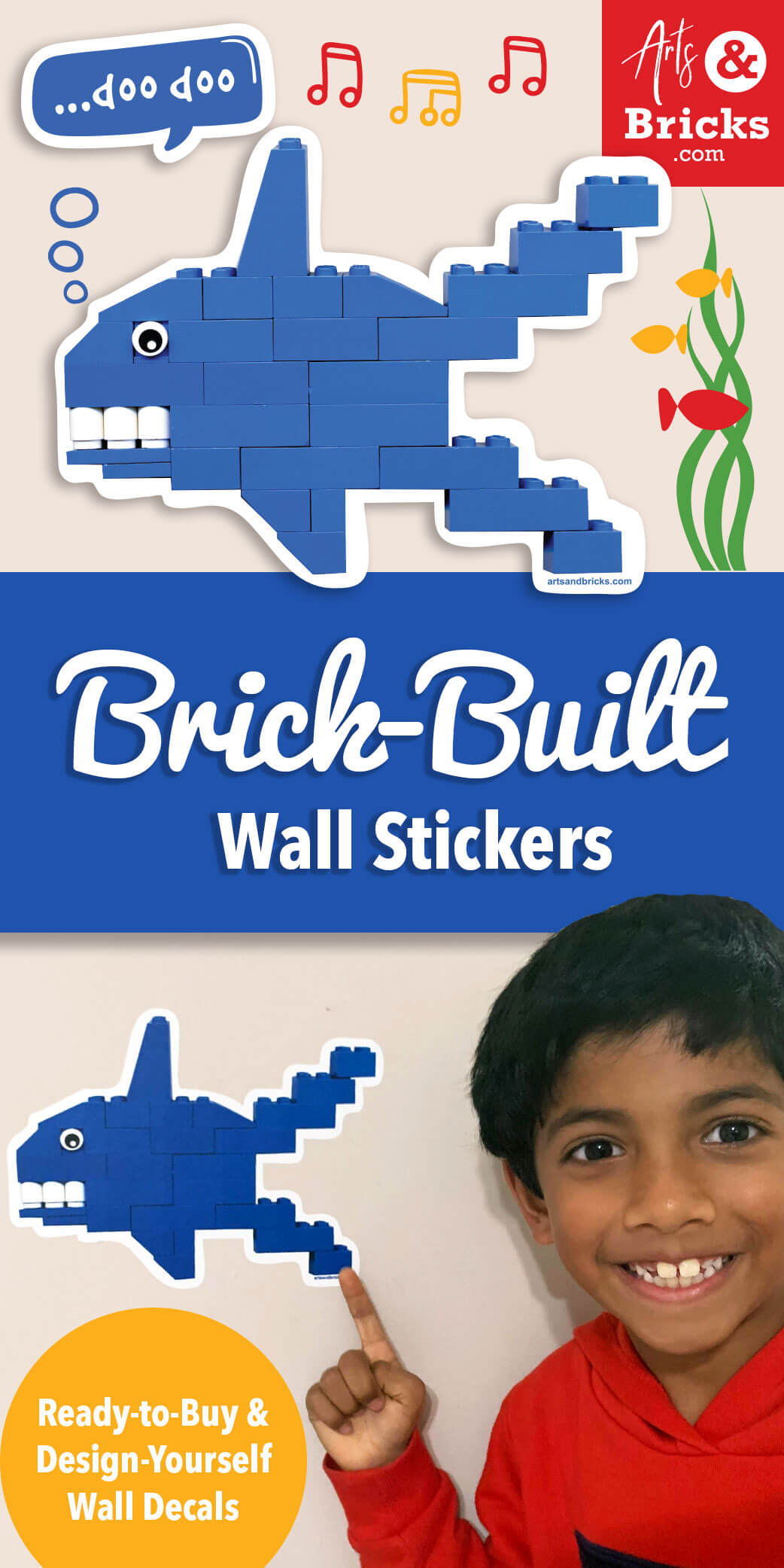 Brick-Built Blue Shark Wall Decal and Sticker