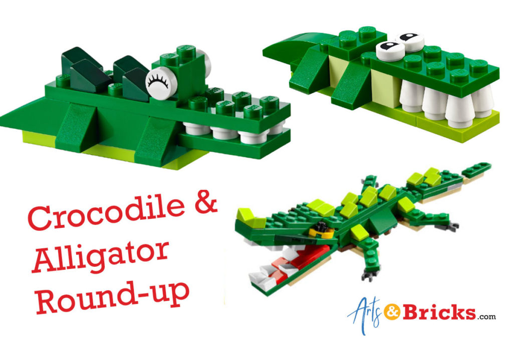 3 green crocodile designs made out of legos - specifically lego sets
