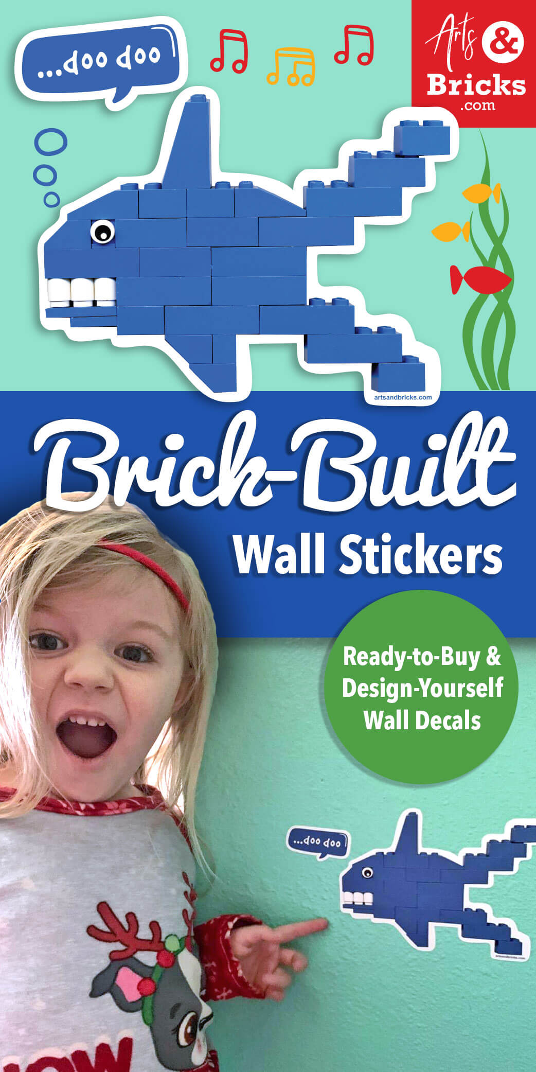 Sharks! What kid doesn't love them? But, how do you build a shark out of bricks? Here are a few inspirations and guides.
Purchase Brick-built wall stickers / wall decals, even a a blue brick-built shark wall decal for kids room decor.