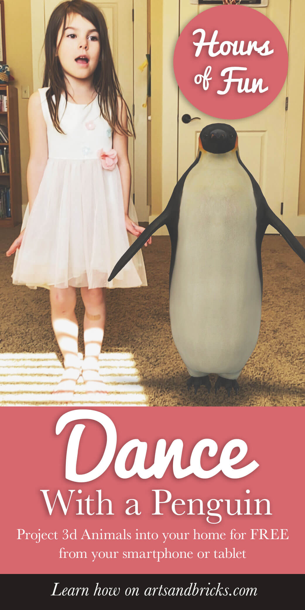 Dance with a Penguin. Learn how to project 3D animals into your home for free from your smartphone or table. Hours of fun! Great activity for a unit about penguins in school, too. 