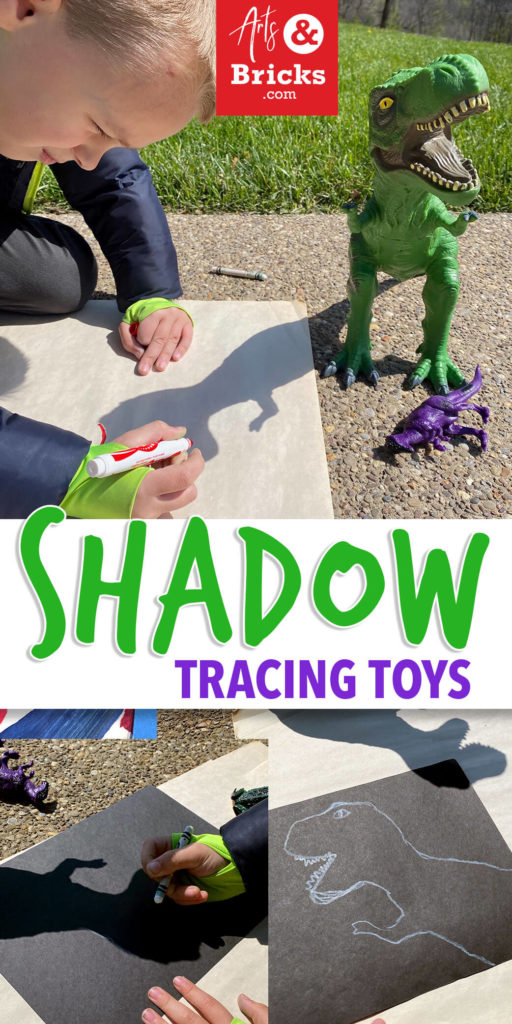 This simple afternoon-sun activity requires only two craft supplies: a white crayon and a piece of black paper, plus toys! We also pulled out a pad of big paper! Get outside, get some sunshine and make art! #outdoorplayforkids #homeschool #art #elementaryart #preschoolart #shadow