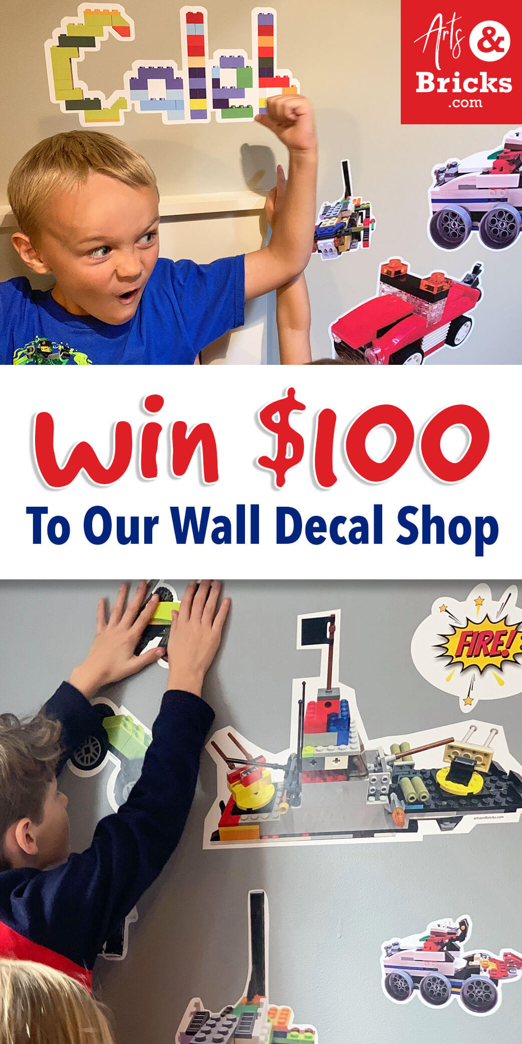 Enter to win $100 to ArtsandBricks.com Wall Decal Shop. Featuring kids's wall vinyl decals and stickers -- even designs your own kids make. Name stickers, subscriptions, pre-made designs and custom designs. #artsandbricks #giveaway #entertowin #walldecor #forkids #legoroom #lego #kiddrawn #brickbuilt #wallstickers