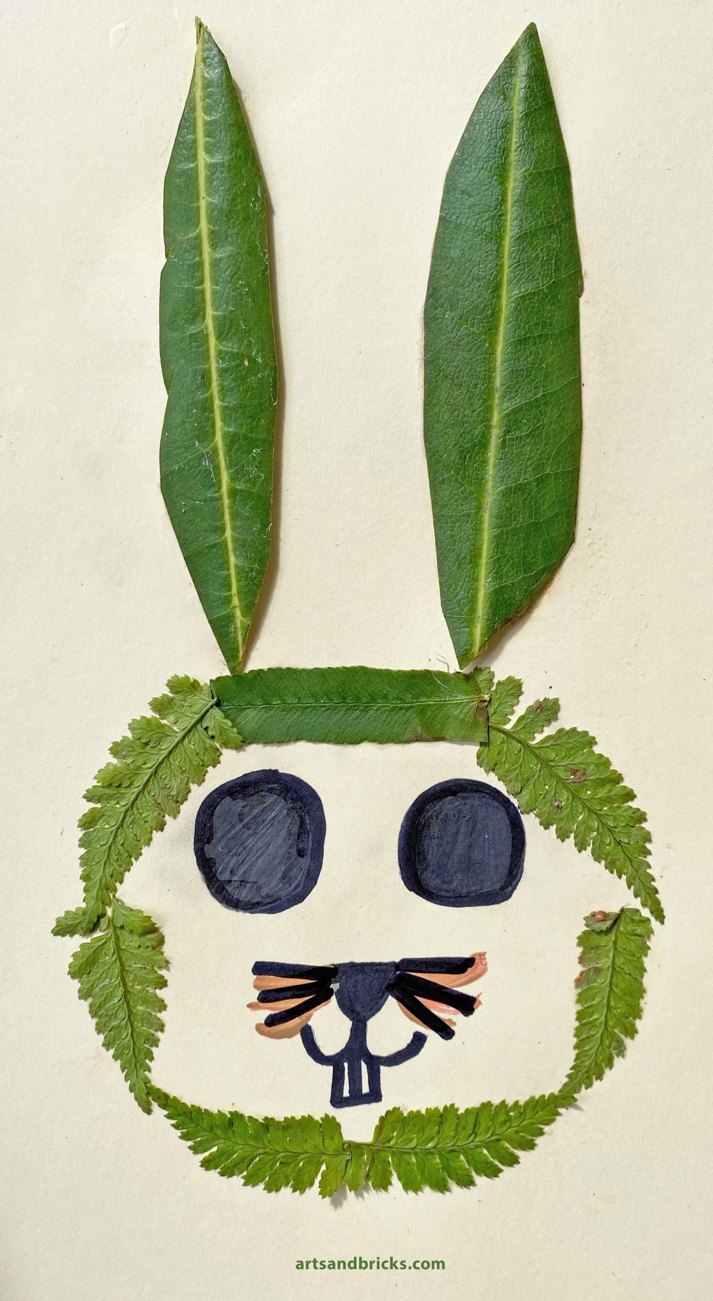 Easter Bunny Collage made from ferns and Rhododendron leaves.