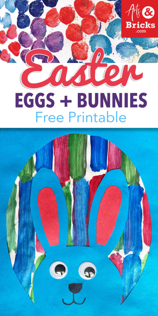 Make this Easter Bunny + Easter Egg kids craft using a Pom-Pom Paint Brush! Explore texture making and painting with the unexpected brush. Free printable, instructions, and tips!