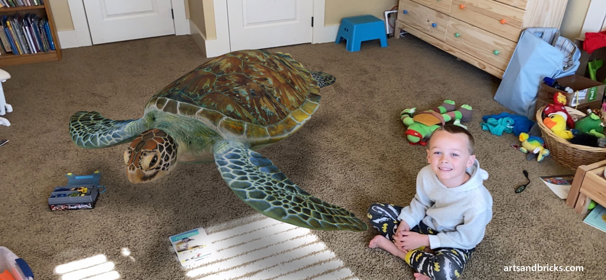 Check out this 3D Turtle swimming in a Kid's Bedroom. Create a virtual zoo at home, on a walk or anywhere you have an internet connection and touch device. Join in on this social media trend!