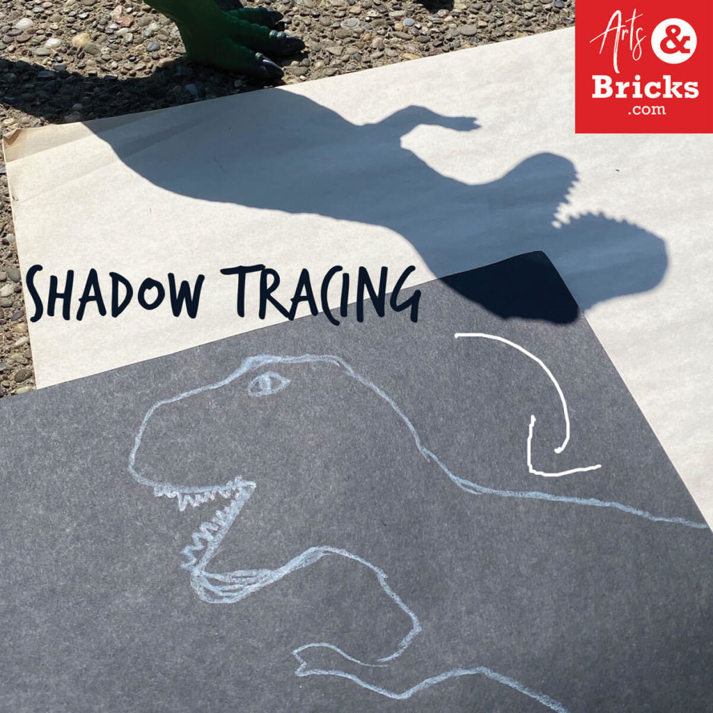 Make artwork by tracing your toys outside - shadow tracing. Like this dinosaur.