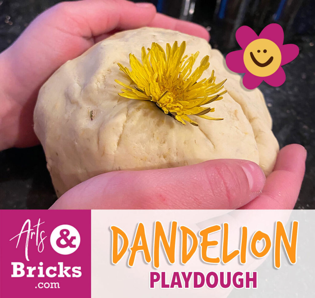 Try our simple dandelion playdough recipe and embrace your inner flower child. #playdoughrecipe #playdough #dandelion #flower #flowercrafts #forkids #flowerplaydough #nocook #nocreamoftartar #sensoryplay #homemade