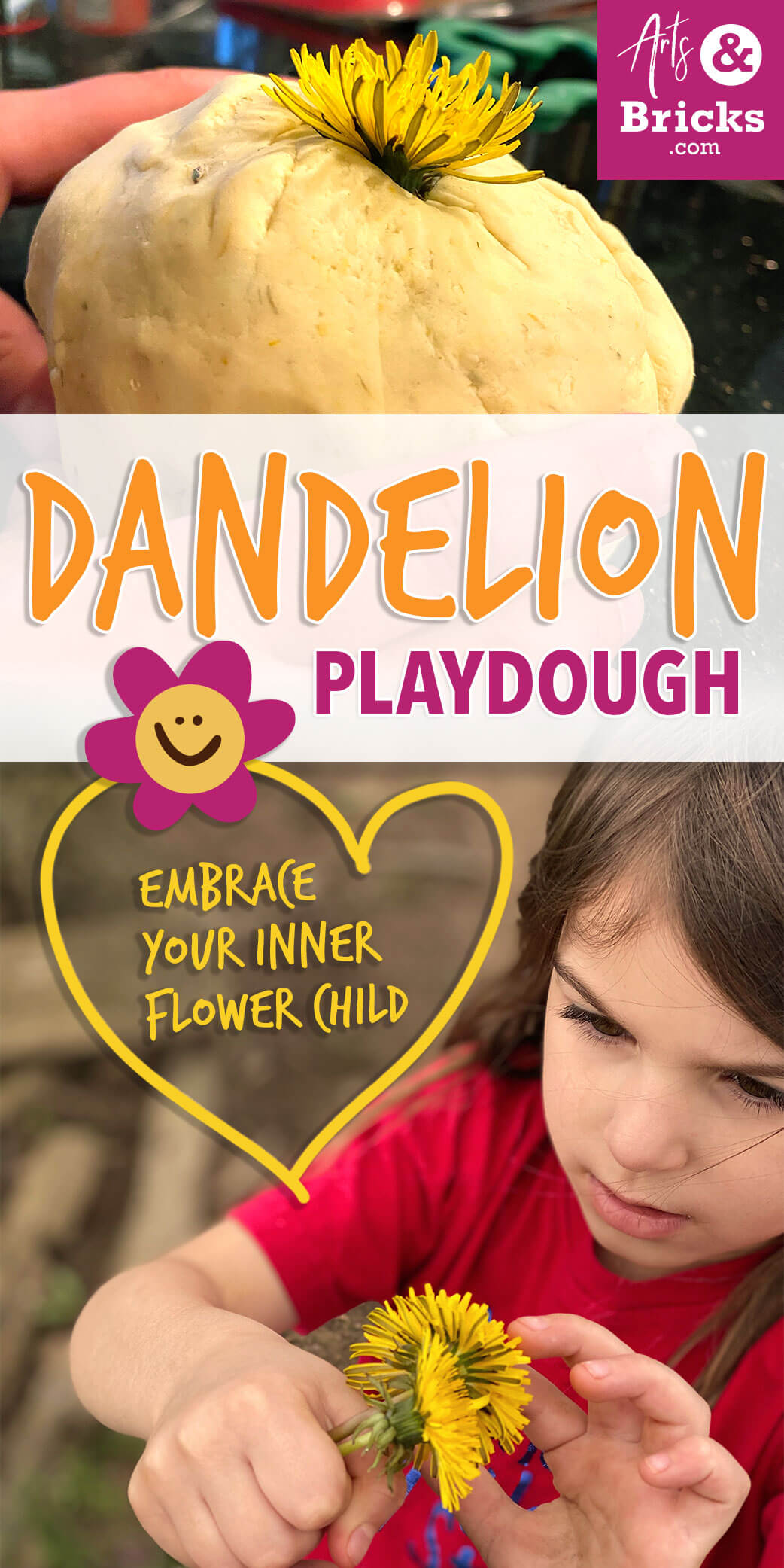 Embrace your inner flower child with this simple Dandelion Playdough recipe. No cook and doesn't require Cream of Tartar. #playdoughrecipe #playdough #dandelion #flower #flowercrafts #forkids #flowerplaydough #nocook #nocreamoftartar #sensoryplay #homemade