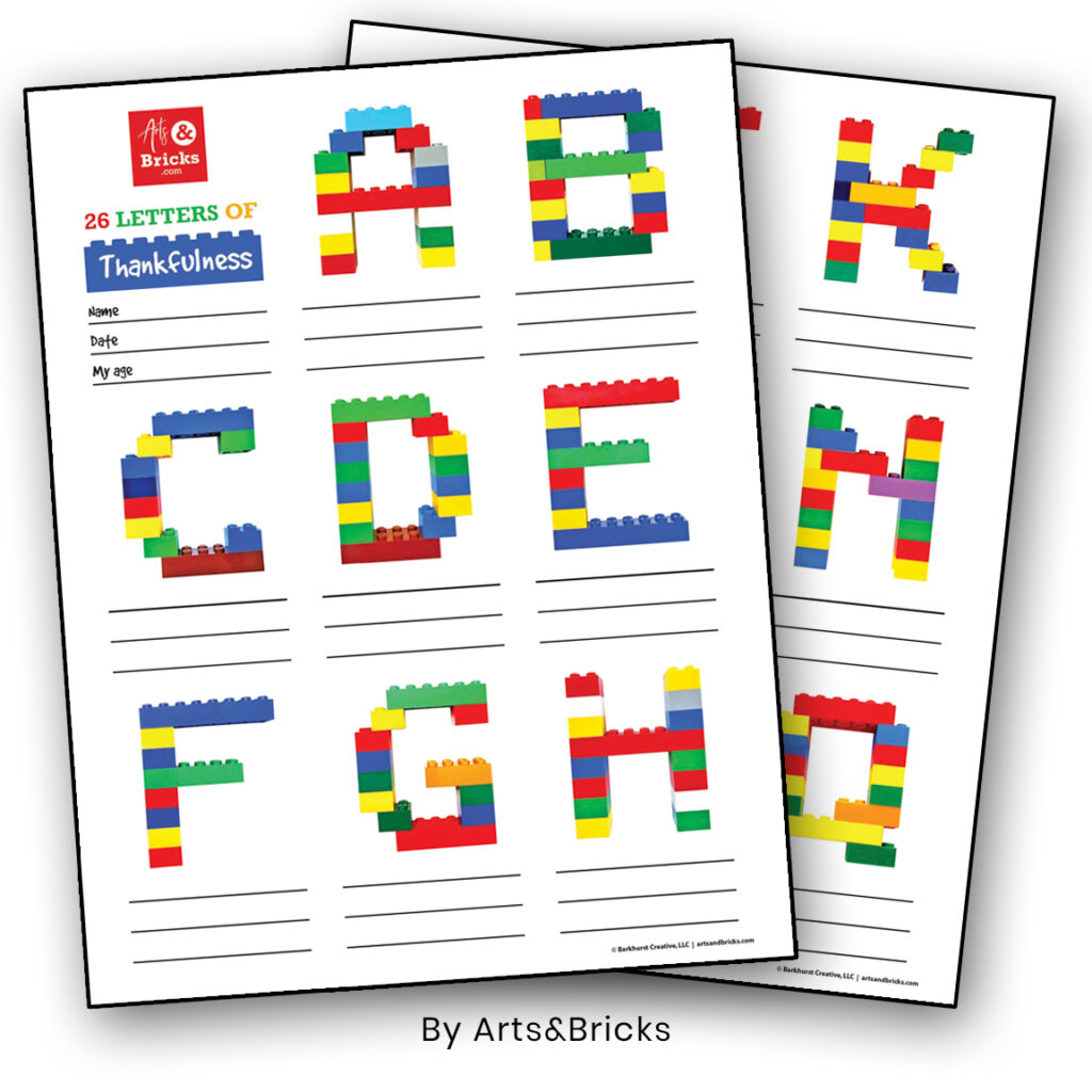 Printable for 26 letters of thankfulness - alphabet built with LEGO brick letters