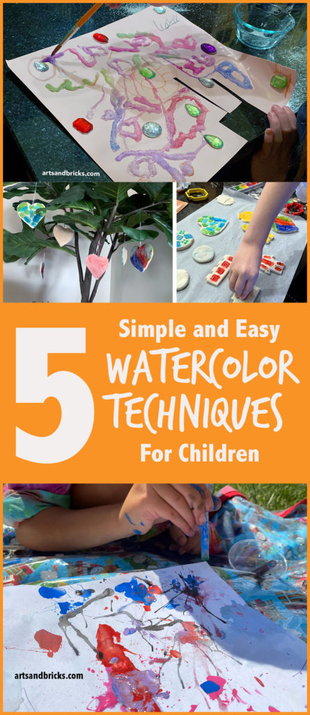 Here are 5 easy watercolor techniques for children: 
1 Painting with Salt
2 More Ways to Paint with Salt
3 Watercolor Spray Painting
4 Painting with a Straw Paint
5 Salt Dough Using Watercolor