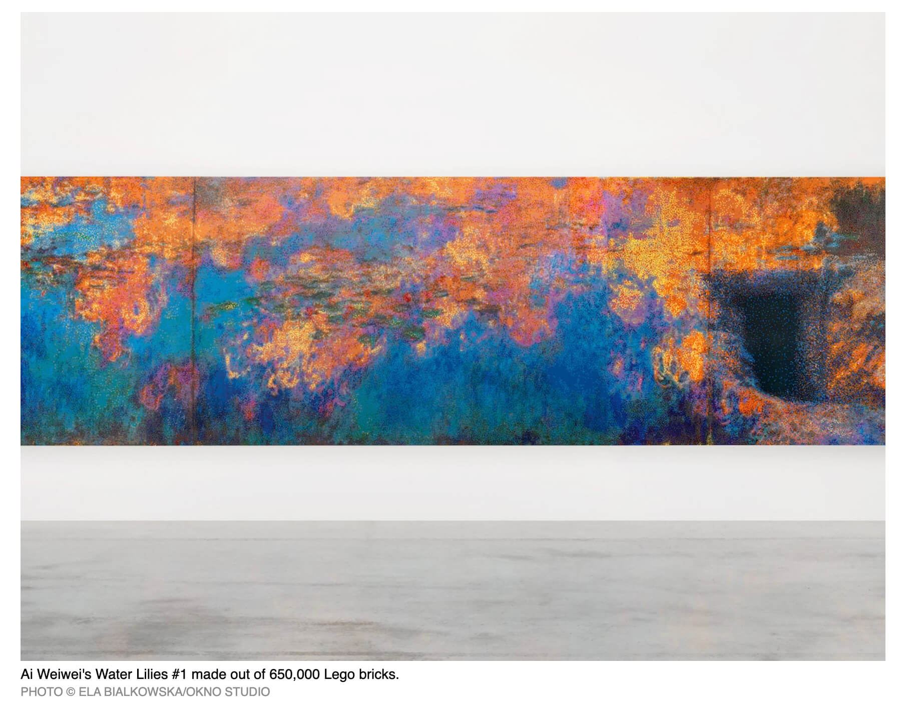 In 2023, Weiwei exhibited a 50-ft wide recreation mural of Claude Monet's Waterlillies made from 650,000 Lego bricks in 22 colors. As a Chinese contemporary artist, his work often portrays political dissent with common objects and found "ready-made" objects. Weiwei has used Lego bricks in his artistic practice since 2014.