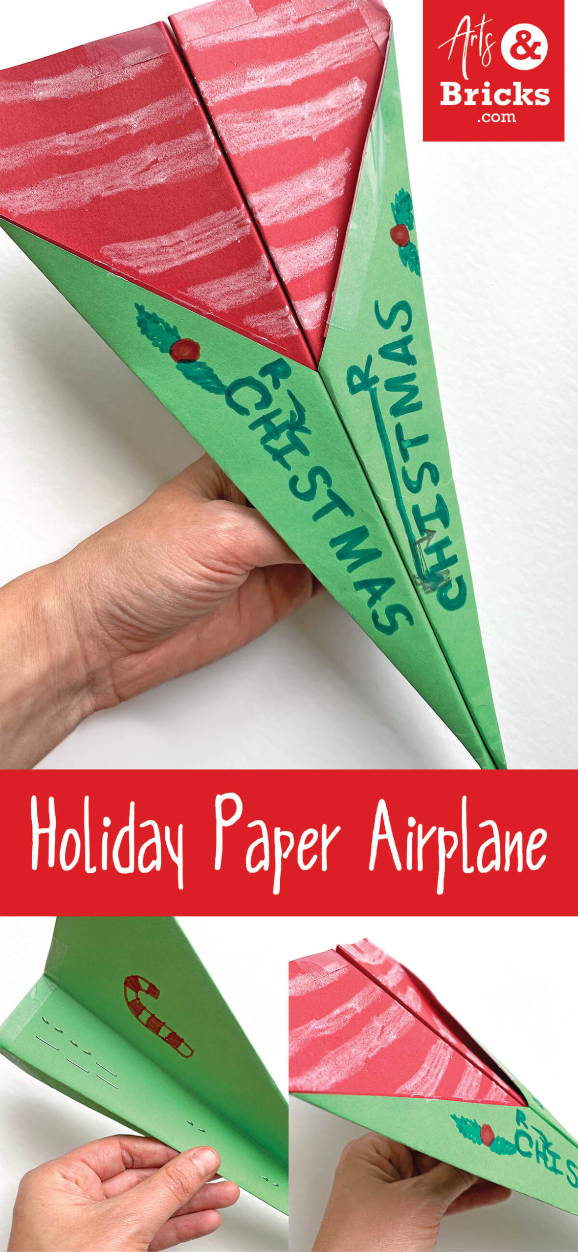 Find inspiration for a Christmas-themed paper airplane! Candy-cane striping, holly berries and lots of Christmas Cheer! We used card stock, tape, staples, markers and crayons!