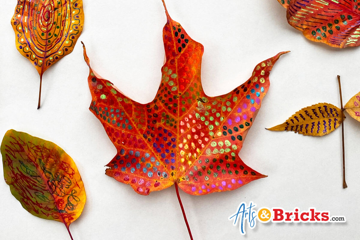 Beautiful Fall leaves with brilliant colored patterns using gel pens