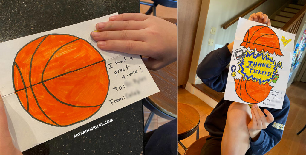 For this awesome fold-out basketball surprise thank you card, my fifth-grade son followed Art for Kids Hub's How To Draw A Basketball Folding Surprise. We updated the exploding basketball to hold a Thank You message for tickets to our favorite college team! Look how great it turned out! Plus, it was great mommy/son time drawing and coloring together!