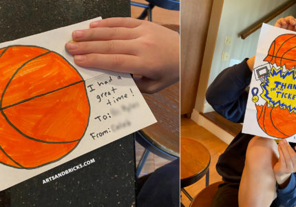 For this awesome fold-out basketball surprise thank you card, my fifth-grade son followed Art for Kids Hub's How To Draw A Basketball Folding Surprise. We updated the exploding basketball to hold a Thank You message for tickets to our favorite college team! Look how great it turned out! Plus, it was great mommy/son time drawing and coloring together!