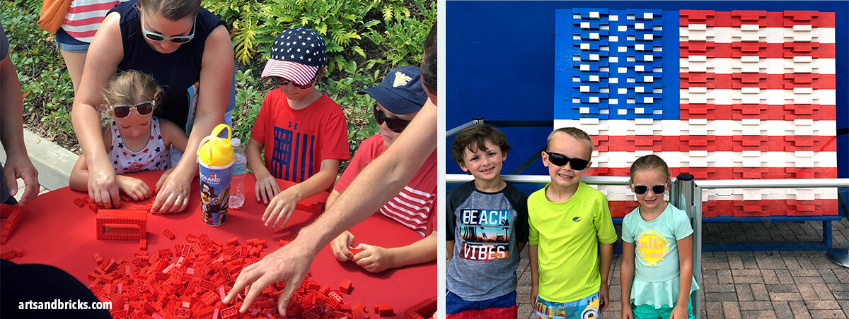 Help build an American Flag at LegoLand, Florida. We enjoyed building components of a giant community-built American flag to celebrate the 4th of July at Legoland. 