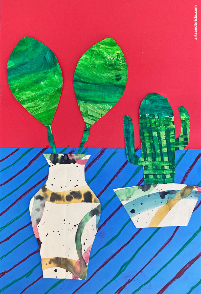 Mixed media collage of vases and leaves and cactus