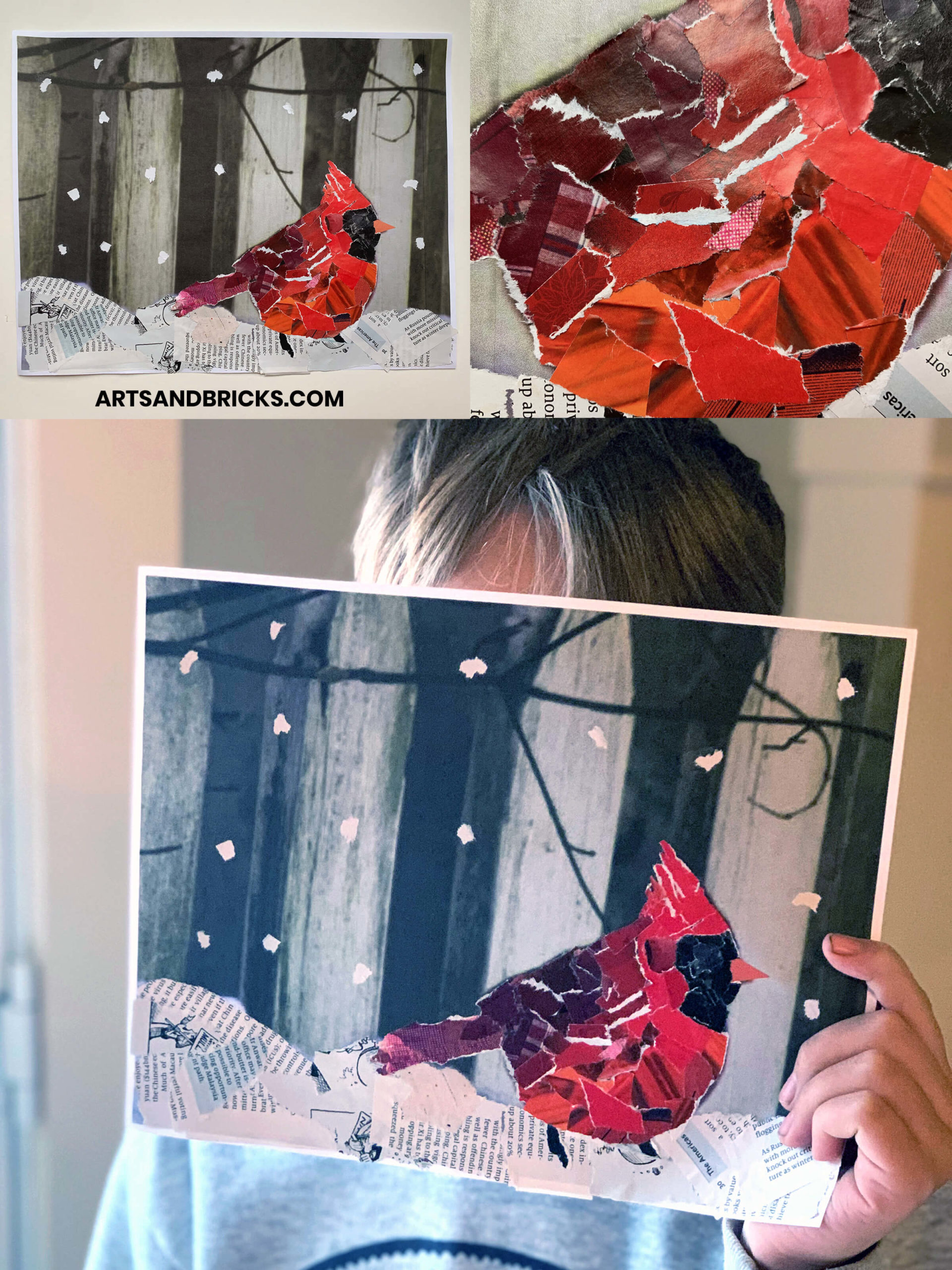 Using a combination of printed image and torn magazine paper to create a collage is a great way to encourage kids to make beautiful collage artwork. Materials are minimal and having a picture to use as a guide helps children not get stuck on the shape or design of their animal or other focal point. Get inspired on techniques for other children's collage on our kids activity blog: artsandbricks.com.
