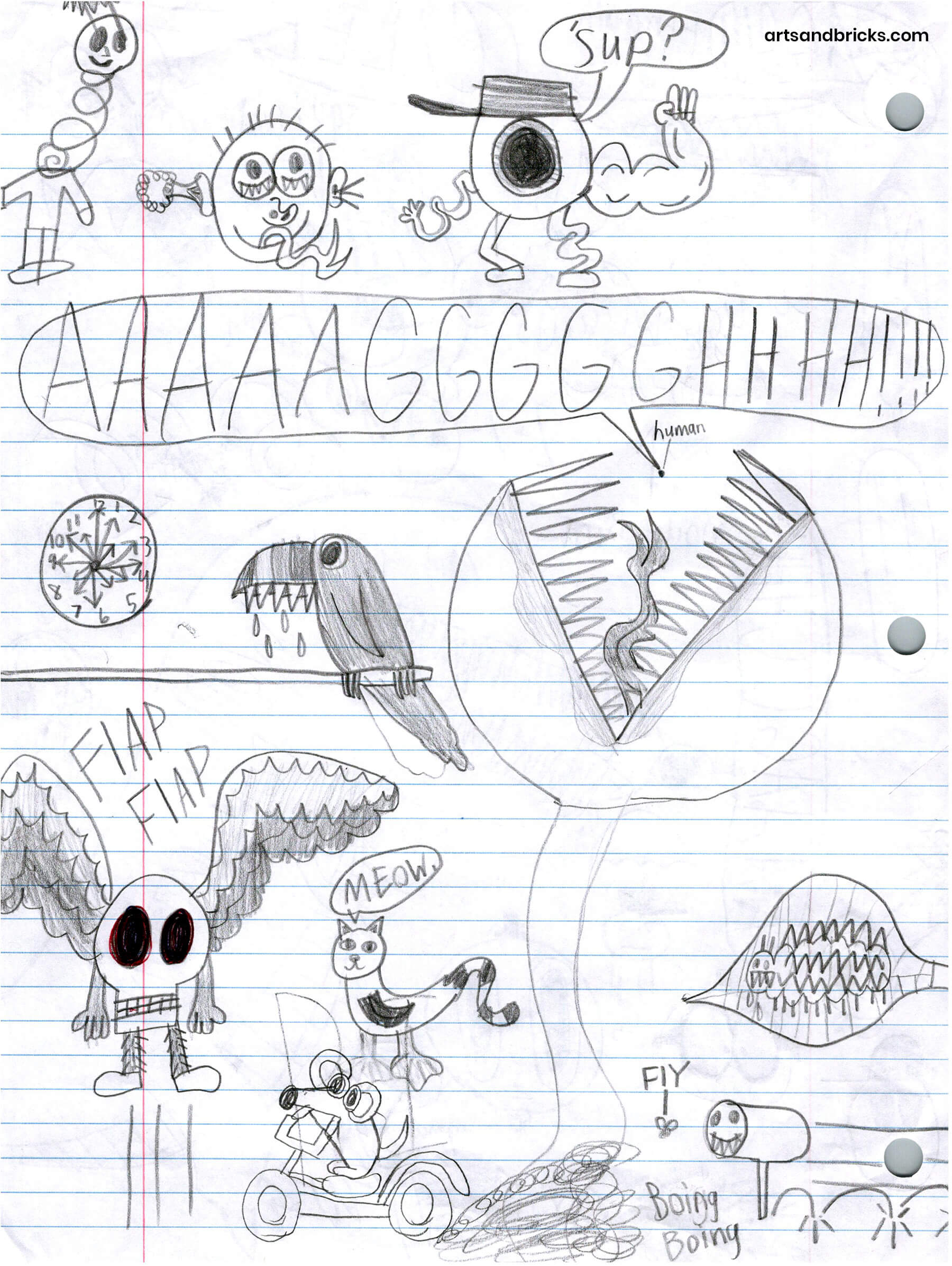 I especially enjoy how doodling allows kids to play with varying scales in their drawings. In the sheet below, there's a humongous venus fly trap about to devour a teeny, tiny human. Fourth grade boy humor at its best! Again, love the combo doodle of the "Duck Cat."