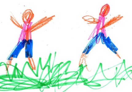 an example of a drawing by a child of two humans playing in the grass, arms outstretched