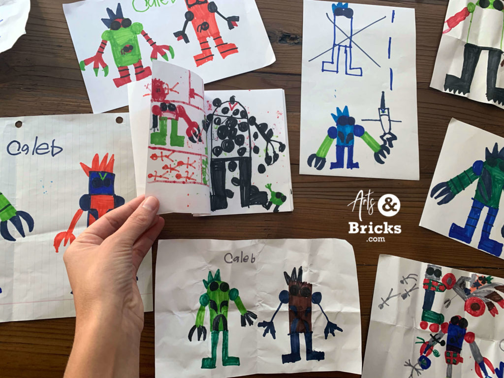 Lots of robot drawings by an elementary aged child - drawn with markers