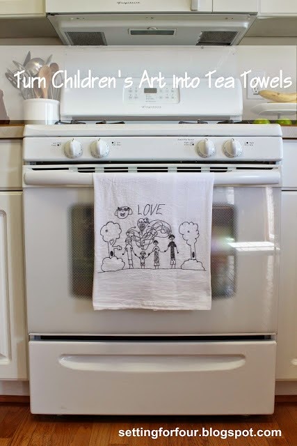Displaying your child's artwork in the kitchen is an honored space that will delight any creative child. Heather's simple DIY idea for Turning Your Child's Artwork into a Tea Towel is simple and delightful! Take a look at this and MANY other ways to repurpose and display your child's artwork.