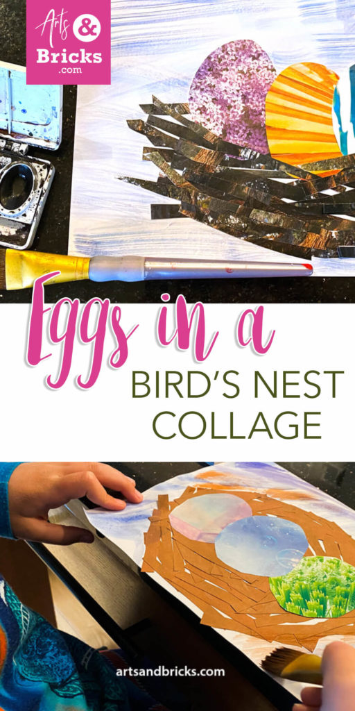 EGGS IN A BIRD'S NEST: Magazine Cut-Out Collages with Watercolor

In this mixed-media collage, the bird's eggs are cut from magazines, and the nest's twigs and branches are cut from brown construction paper. The background is created with a watercolor dry brushing technique.

Get Creative! Think about the vantage point that you are viewing your bird's nest, and then overlap the sticks and twigs in a way that represents that view. For instance, perhaps the sticks overlap the eggs and perhaps they do not. We did both!