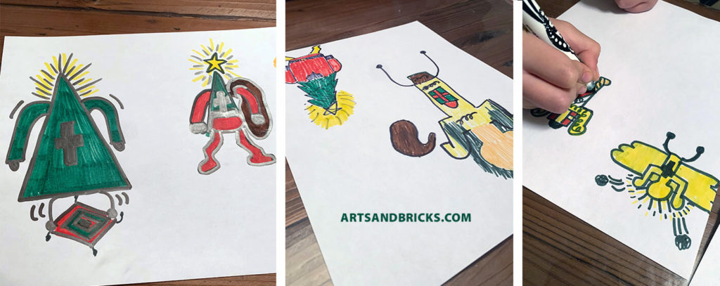 Drawings created during our Christmas-themed Roll-A-Haring game play.