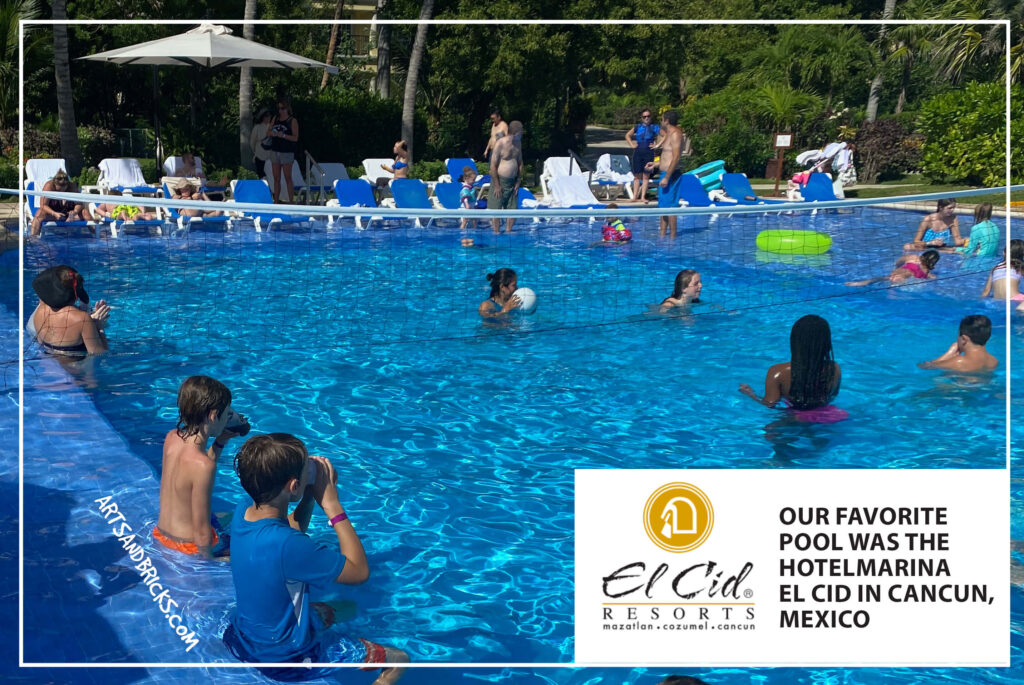 With kids, our favorite pool was the Hotel Marina because it had entertainment, a bar with endless non-alcoholic frozen drinks, a water slide, rocks for jumping, water volleyball, and a Mexican lunch restaurant nearby. There is no outdoor food service, only drink service.