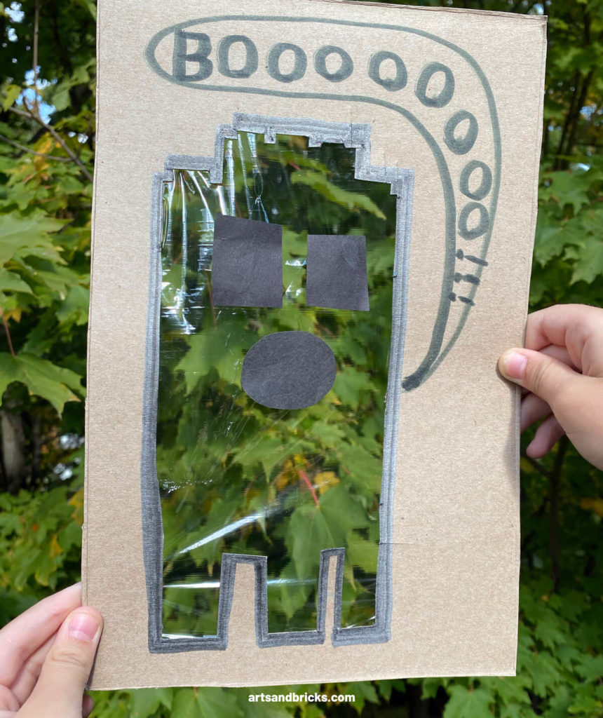 Explore your surroundings -- like  leaves in trees -- with this Ghost Peek-A-Boo Cardboard Craft! Use cardboard (we used a cereal box panel) to create a ghost. Ours is a LEGO brick ghost!!! Add plastic wrap over the body and tape on a spooky face. Don't forget to add a BOO! Next is the fun part, start framing textures and colors - both indoors and outdoors. Don't forget to take pictures! Have fun!
#lego #craft #google #cardboard #forkids #easy #recycled #naturecrafts