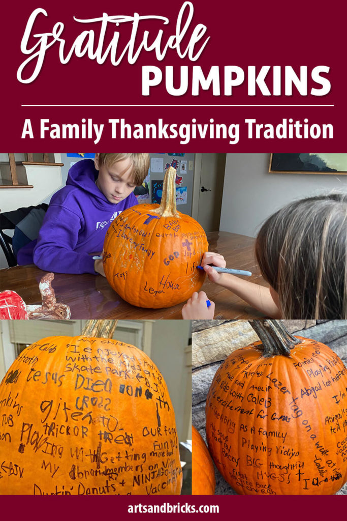 Start a new family tradition with gratitude pumpkins. You'll love seeing the items your children choose to include. From LEGO to donuts to family and God, each gratitude warms my mommy heart! For tips and inspiration, check out our post about Gratitude/Joyful pumpkins.