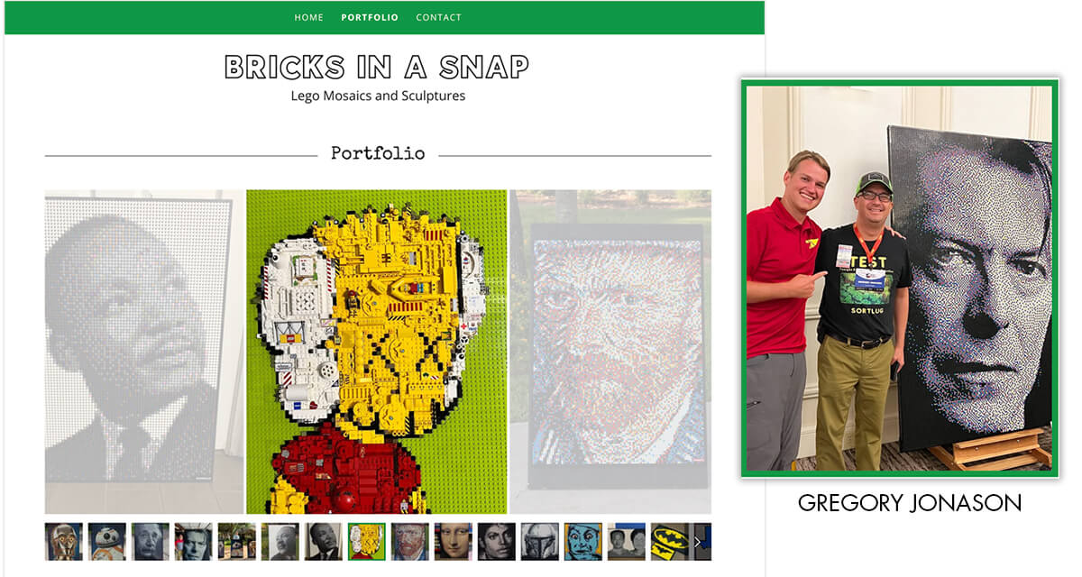 Examples of Gregory Jonason's artwork using LEGO bricks as his medium.