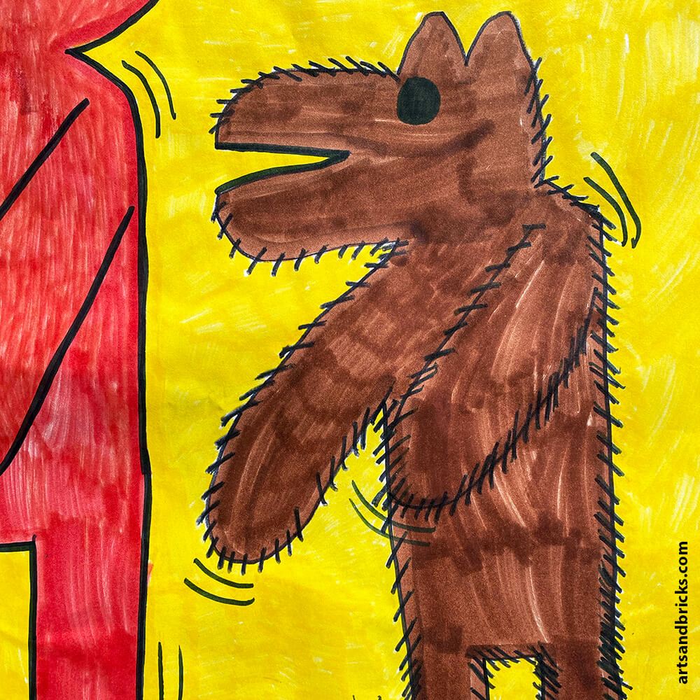 Get inspiration for a Keith Haring-inspired Kids Art Project. Learn what characteristics make Keith's work unique -- like motion lines, bright solid colors and cartoon styled faceless people. Our final artwork includes our very own The Hairy Dog, The Dancing Boy and The Blue Lego Brick.