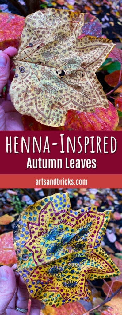 Use colorful gel pens to decorate fall leaves. Bright glittery colors on one side and soft henna-inspired patterns on the other! So fun. So simple. So beautiful. Easy for kids and delightful for adults. Enjoy! #halloween #indoor activities with kids #inspiration #kids art #kids crafts #leaf art #leaf art ideas #mom blog
