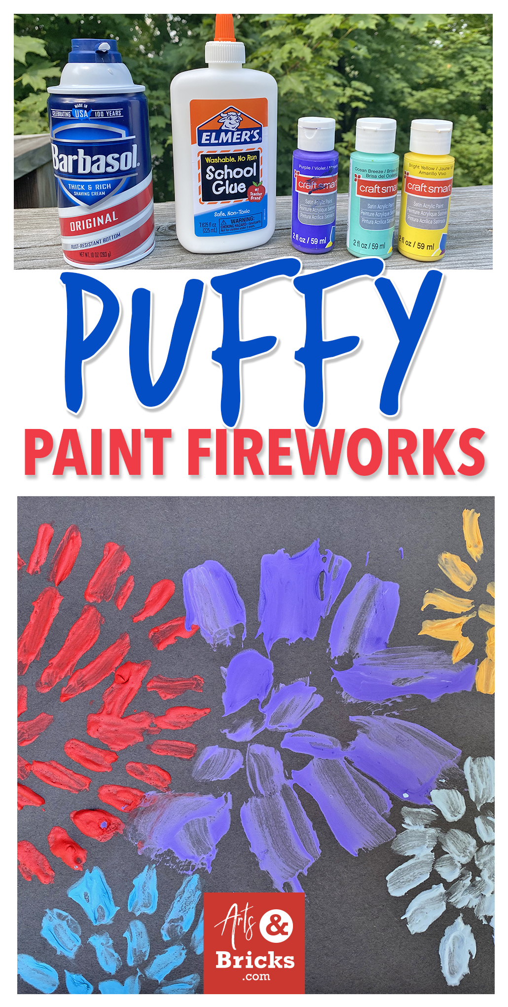 Puffy Paint art projects are especially great for preschool and elementary-aged children because this type of craft only requires FIVE Supplies (shaving cream, white school glue, paper, paintbrushes, and paint) and provides endless possibilities! Perfect for the 4th of July, choose bright paint colors and whip up your own patriotic puffy paint. #kidscrafts #puffypaint #fireworks #4thofjuly