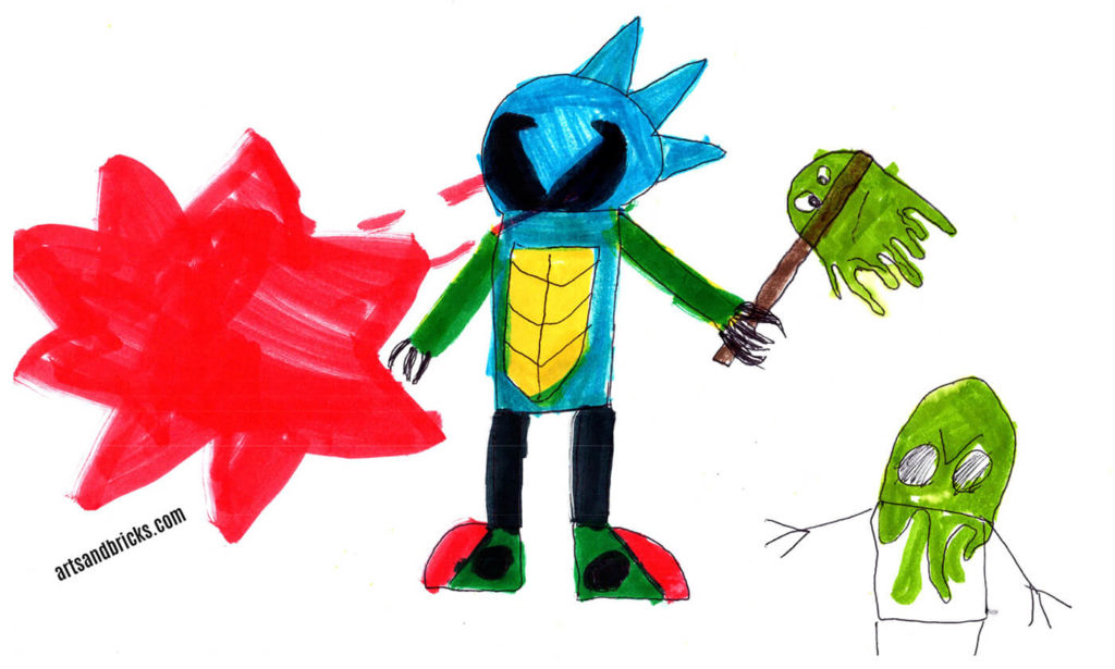 Blue robot with laser vision fighting green slime aliens - drawn by a child with markers.