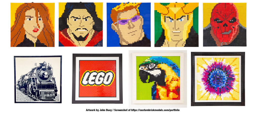 Examples of John Bucy's LEGO mosaic pop art.