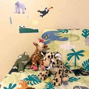 Jungle wall decal stickers on wall - elephant, crocodile, alligator, toucan built from Lego bricks