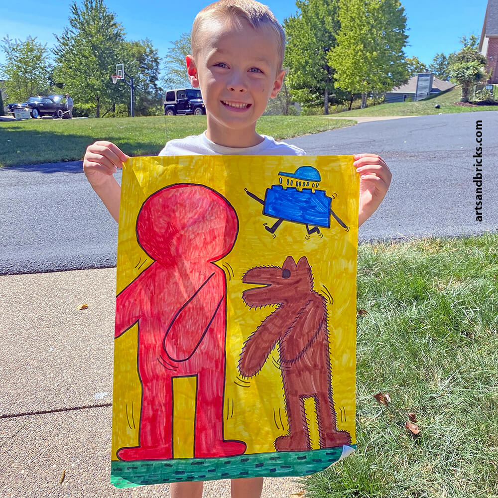 Get inspiration for a Keith Haring-inspired Kids Art Project. Learn what characteristics make Keith's work unique -- like motion lines, bright solid colors and cartoon styled faceless people. Our final artwork includes our very own The Hairy Dog, The Dancing Boy and The Blue Lego Brick.