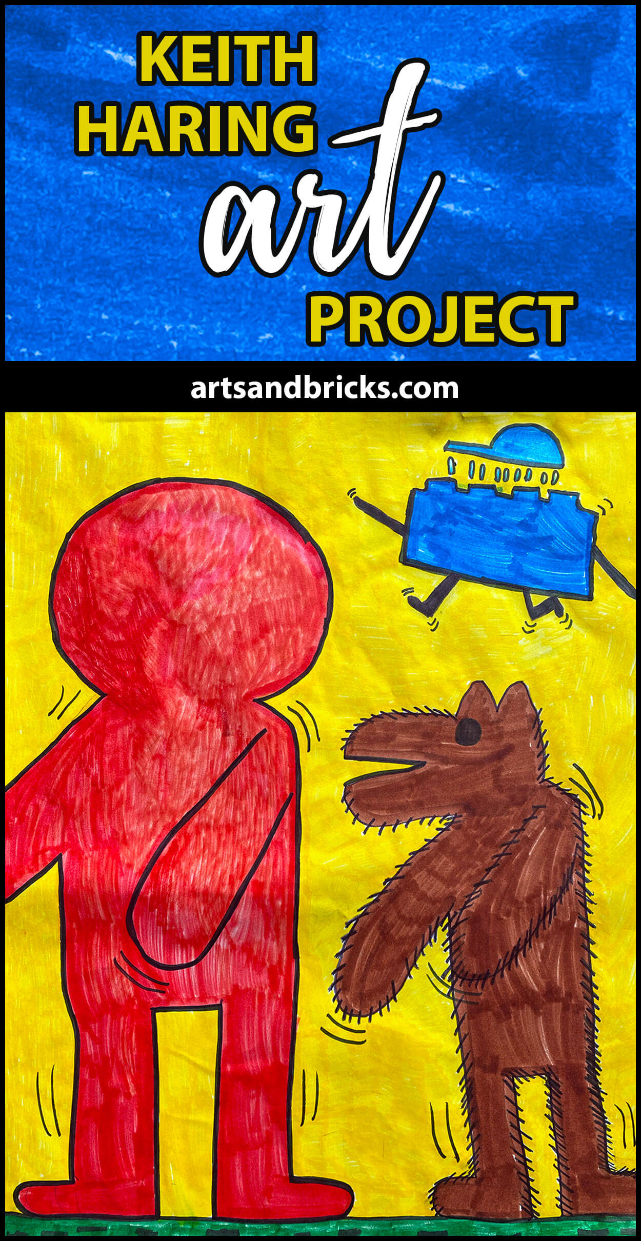 Explore this idea on how to make your own Keith Haring-inspired Kids Art Project. Learn what characteristics make Keith's work unique -- like motion lines, bright solid colors and cartoon styled faceless people. Our final artwork includes our very own The Hairy Dog, The Dancing Boy and The Blue Lego Brick. #keithharing #art #artclassroom #lego