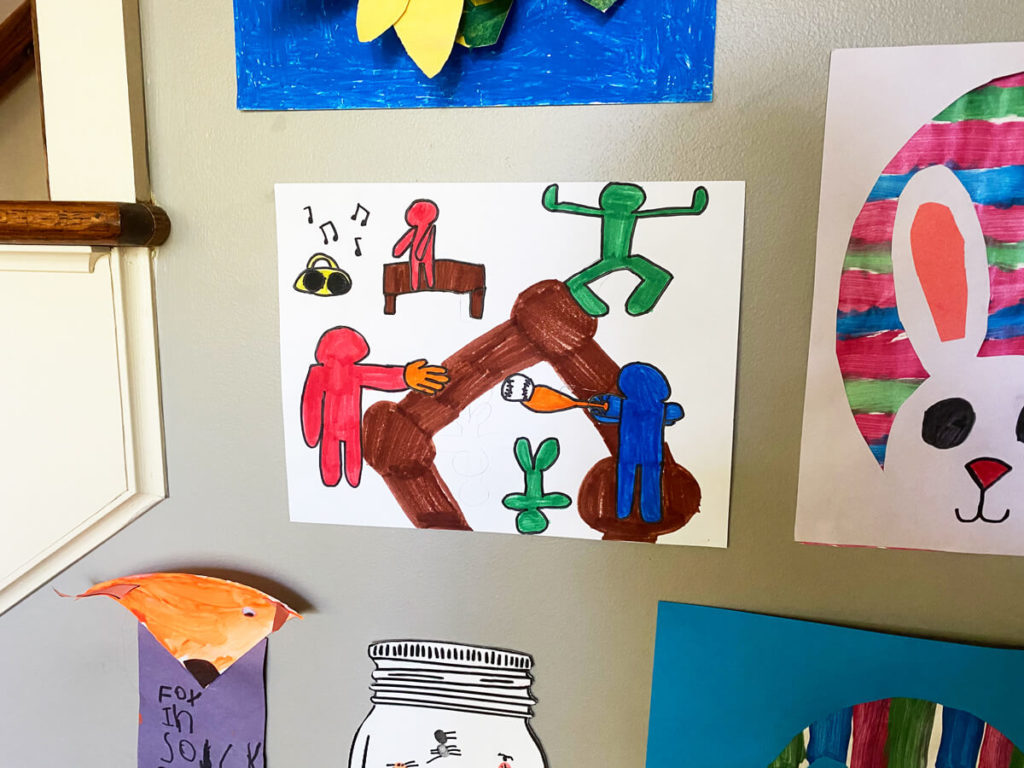 2nd Grade Kid's Artwork - teaching characteristics of Keith Haring's iconic faceless people artwork. Baseball playing cartoon figures.