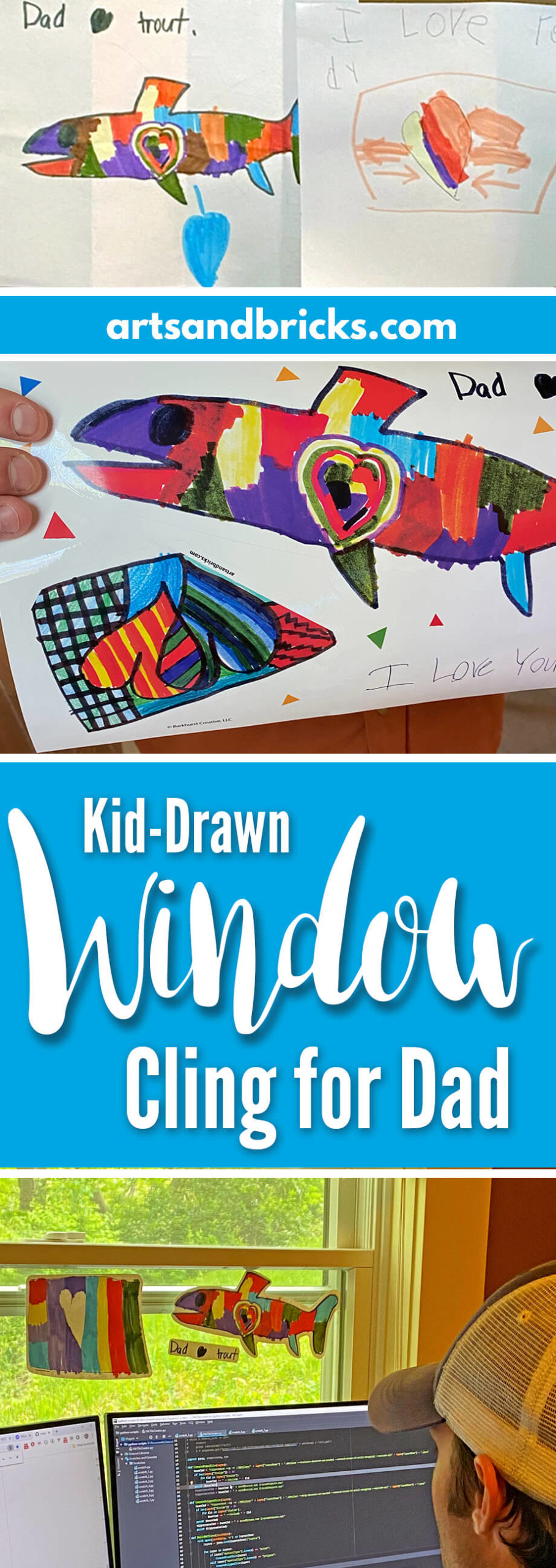 Looking for a unique gift for Dad? Turn your child's drawn images into window decals - perfect for windows and mirrors at the office or at home! #gift #fordad #fromkids #fathersday #kidsart